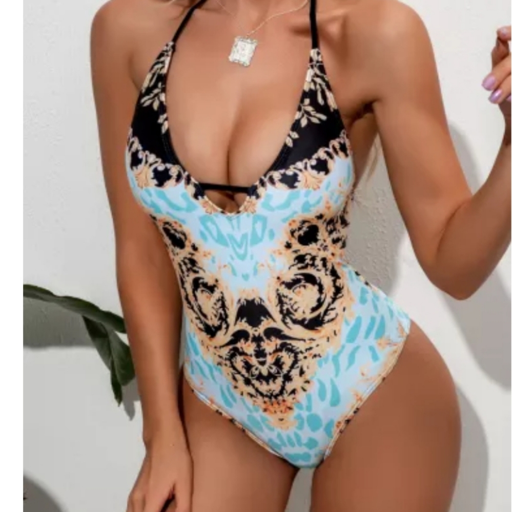 Open back retro print swimsuit